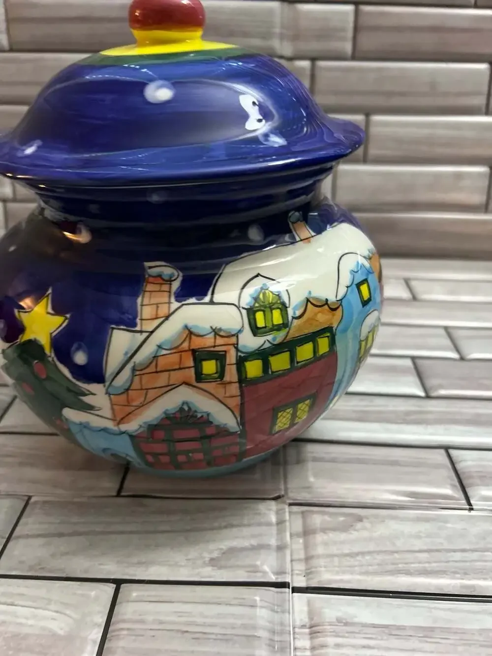 VINTAGE Hand-Painted Ceramic Christmas Village & Trees Canister Jar with Lid